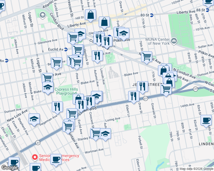 map of restaurants, bars, coffee shops, grocery stores, and more near 744 Lincoln Avenue in Brooklyn
