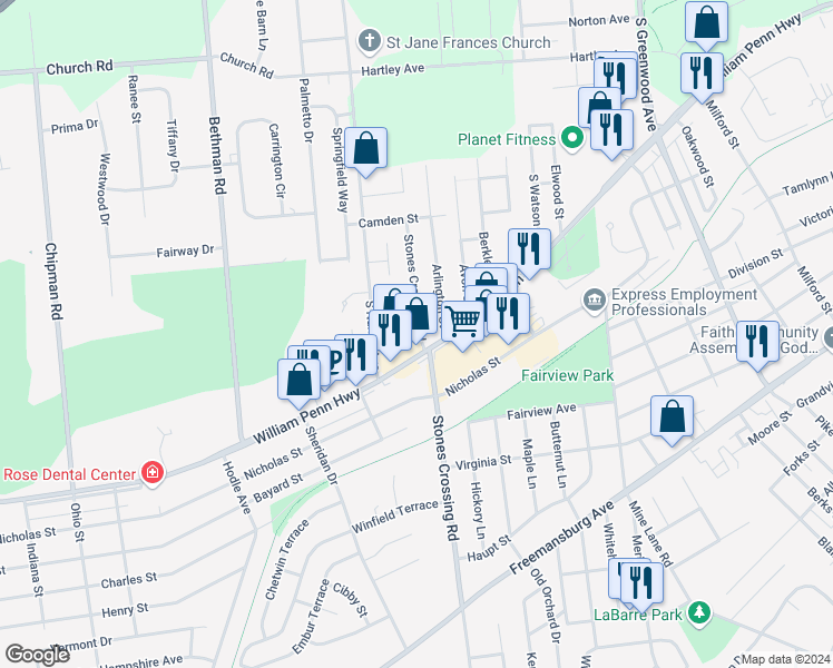 map of restaurants, bars, coffee shops, grocery stores, and more near 444 Stones Crossing Road in Easton