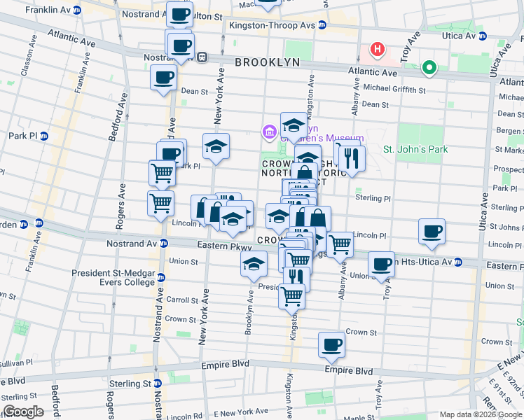 map of restaurants, bars, coffee shops, grocery stores, and more near 1020 Saint Johns Place in Brooklyn