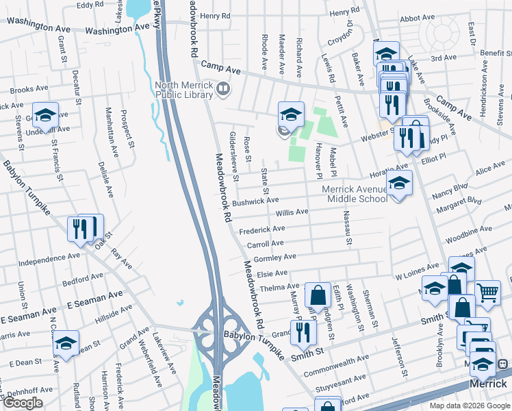 map of restaurants, bars, coffee shops, grocery stores, and more near 1735 Willis Avenue in Merrick