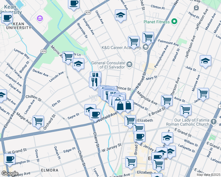 map of restaurants, bars, coffee shops, grocery stores, and more near 72 Prince Street in Elizabeth