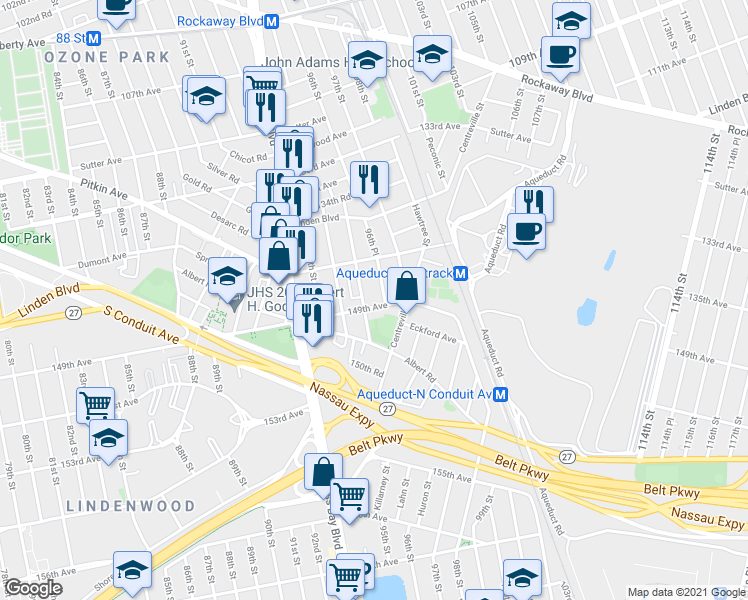map of restaurants, bars, coffee shops, grocery stores, and more near 96-09 149th Avenue in Queens