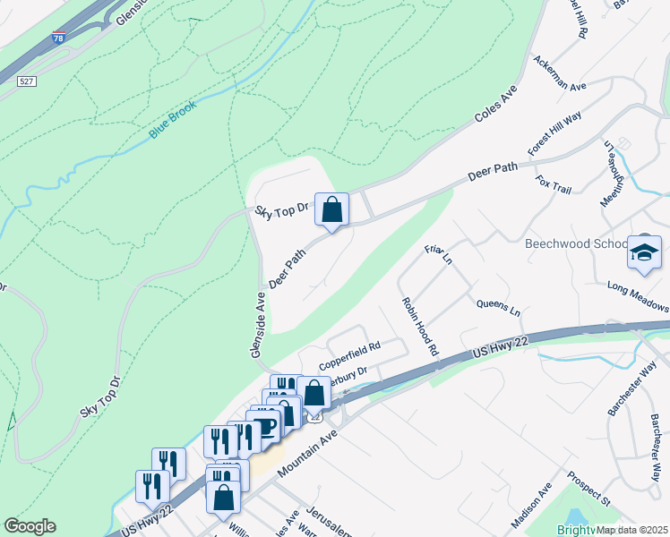 map of restaurants, bars, coffee shops, grocery stores, and more near 2660 Far View Drive in Mountainside