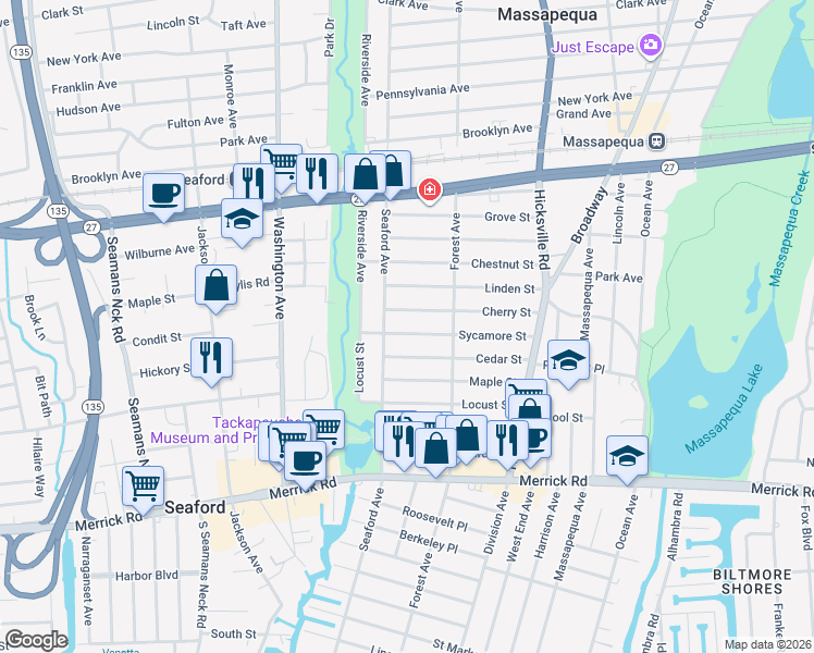 map of restaurants, bars, coffee shops, grocery stores, and more near 351 Seaford Avenue in Massapequa