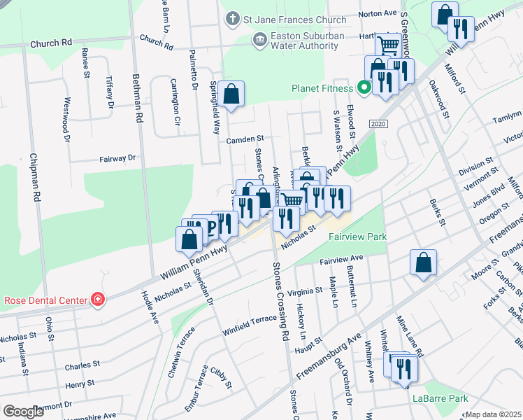 map of restaurants, bars, coffee shops, grocery stores, and more near 444 Stones Crossing Road in Easton