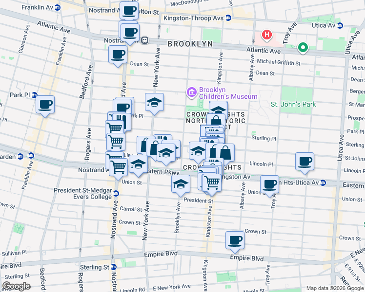 map of restaurants, bars, coffee shops, grocery stores, and more near Brooklyn Ave & St Johns Pl in Brooklyn