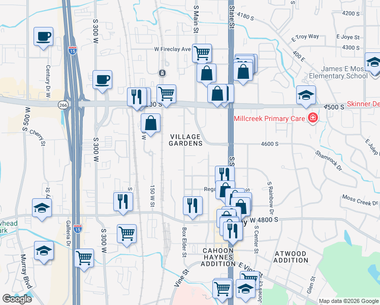 map of restaurants, bars, coffee shops, grocery stores, and more near 4550 Auto Boulevard in Murray