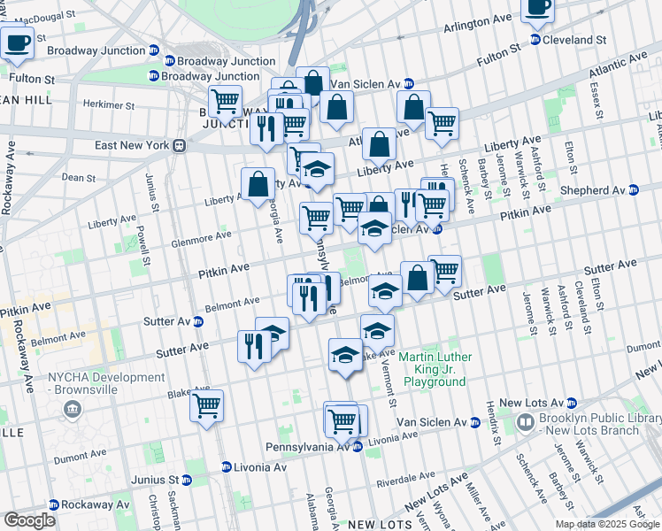 map of restaurants, bars, coffee shops, grocery stores, and more near 255 Pennsylvania Avenue in Brooklyn
