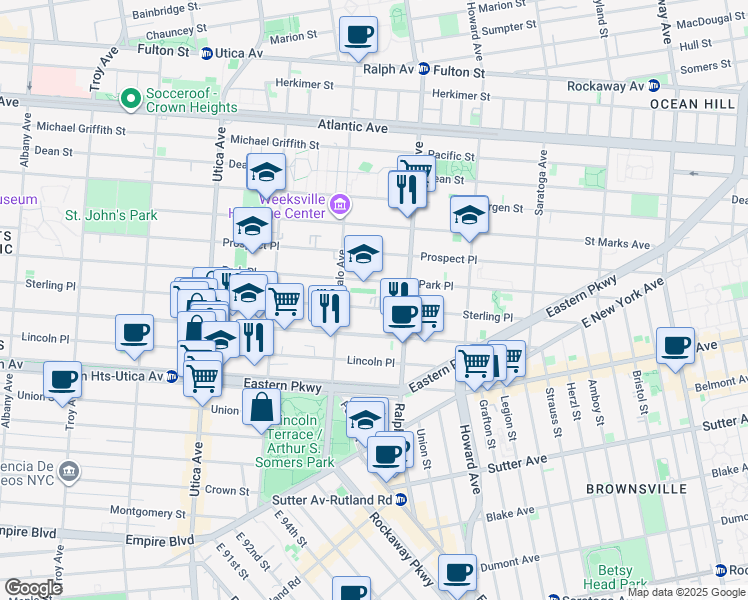 map of restaurants, bars, coffee shops, grocery stores, and more near 1647 Sterling Place in Brooklyn