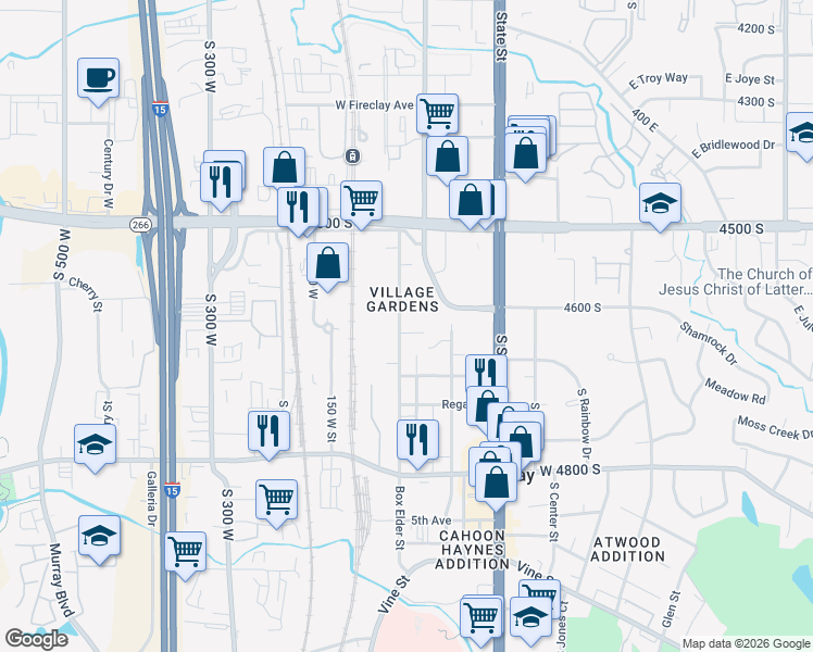 map of restaurants, bars, coffee shops, grocery stores, and more near 4629 Box Elder Street in Murray