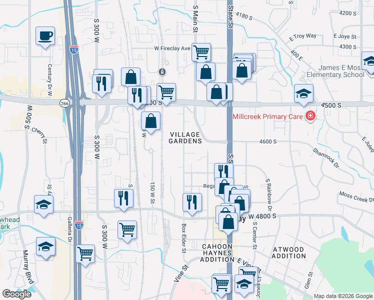 map of restaurants, bars, coffee shops, grocery stores, and more near 4629 Box Elder Street in Murray