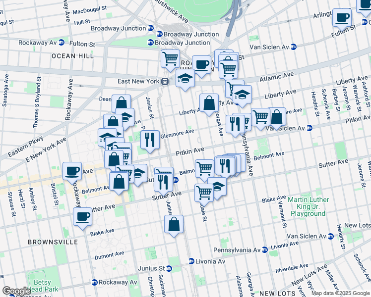 map of restaurants, bars, coffee shops, grocery stores, and more near 1946 Pitkin Avenue in Brooklyn