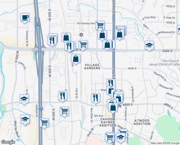 map of restaurants, bars, coffee shops, grocery stores, and more near 4628 Box Elder Street in Murray