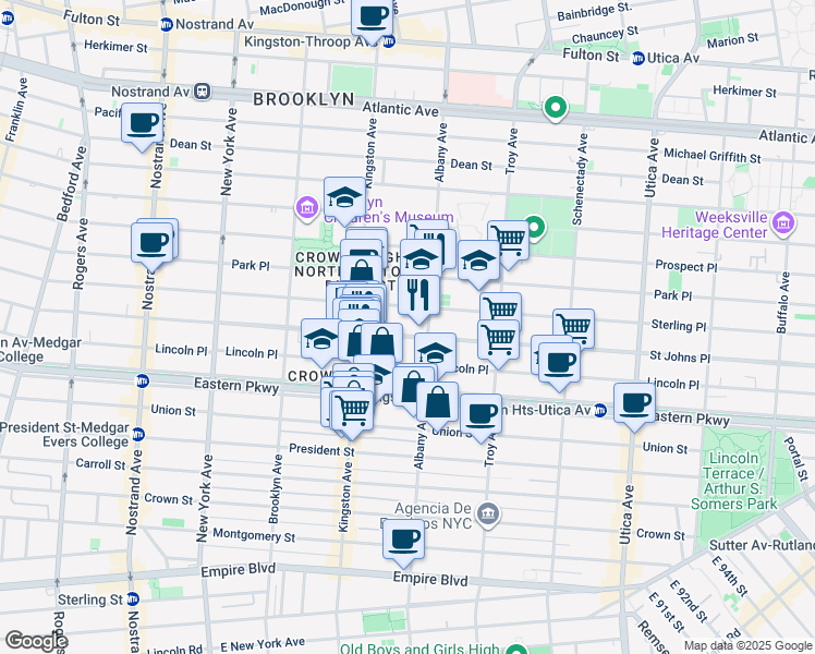map of restaurants, bars, coffee shops, grocery stores, and more near 1167 Saint Johns Place in Brooklyn