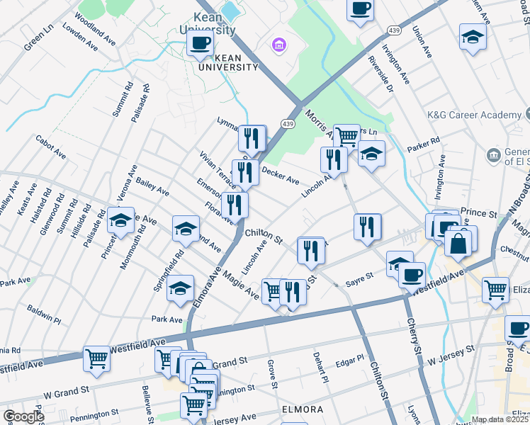 map of restaurants, bars, coffee shops, grocery stores, and more near 180 Lincoln Avenue in Elizabeth