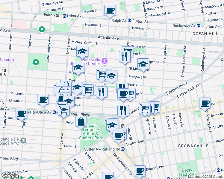 map of restaurants, bars, coffee shops, grocery stores, and more near 1647 Sterling Place in Brooklyn