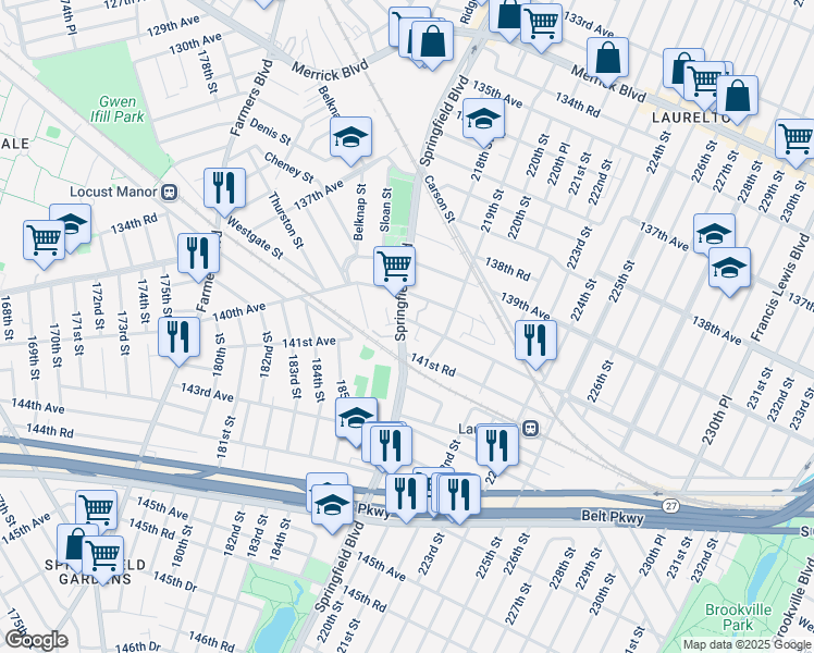 map of restaurants, bars, coffee shops, grocery stores, and more near 14 141st Avenue in Queens