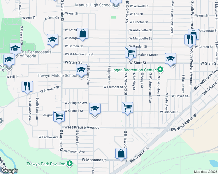 map of restaurants, bars, coffee shops, grocery stores, and more near 1519 South Ligonier Street in Peoria
