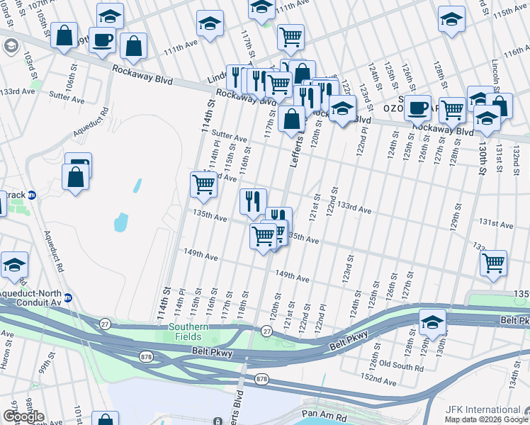 map of restaurants, bars, coffee shops, grocery stores, and more near 133-50 Lefferts Boulevard in Queens