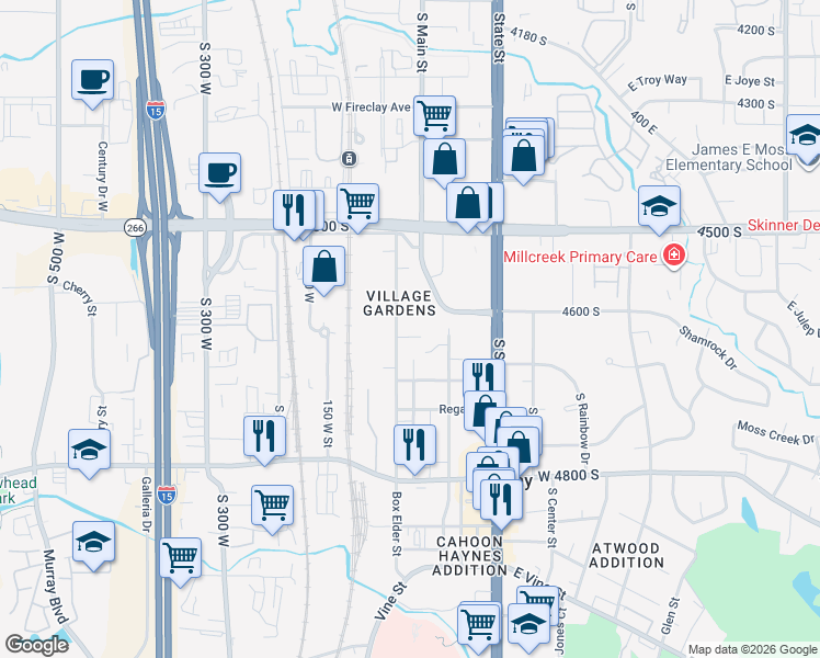 map of restaurants, bars, coffee shops, grocery stores, and more near 4550 Auto Boulevard in Murray