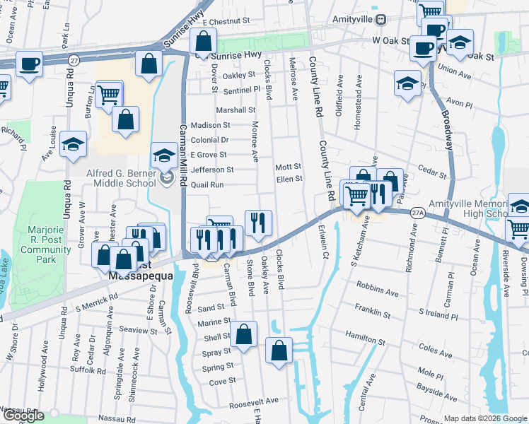 map of restaurants, bars, coffee shops, grocery stores, and more near 35 Oakley Avenue in Massapequa