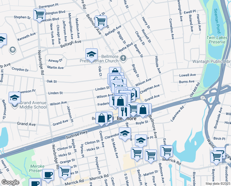 map of restaurants, bars, coffee shops, grocery stores, and more near 314-316 Bedford Avenue in Bellmore