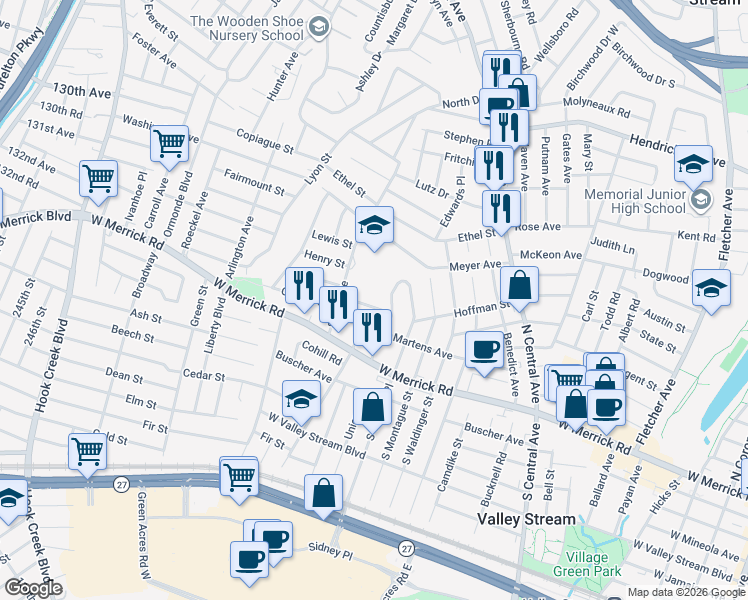 map of restaurants, bars, coffee shops, grocery stores, and more near 58 Marlow Road in Valley Stream