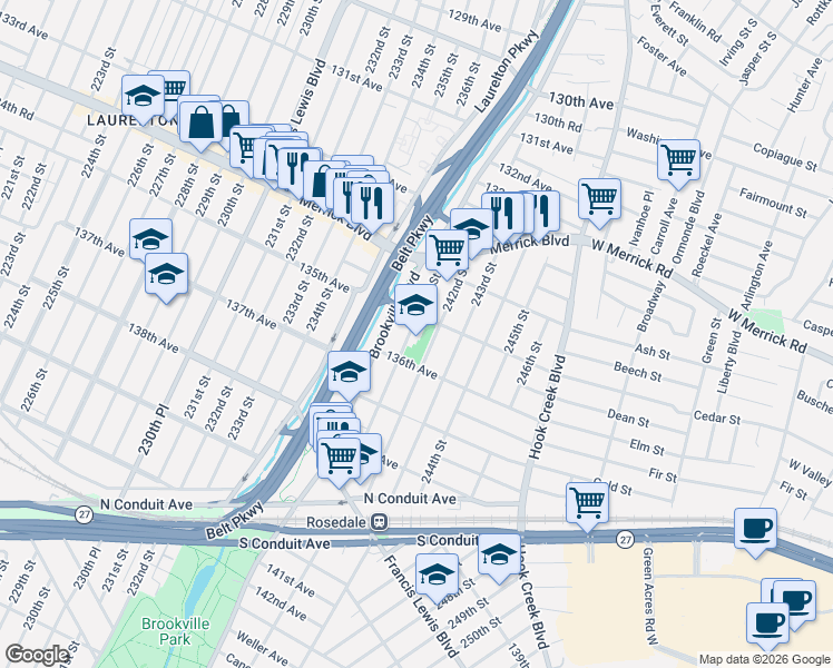 map of restaurants, bars, coffee shops, grocery stores, and more near 135-21 136th Avenue in Queens