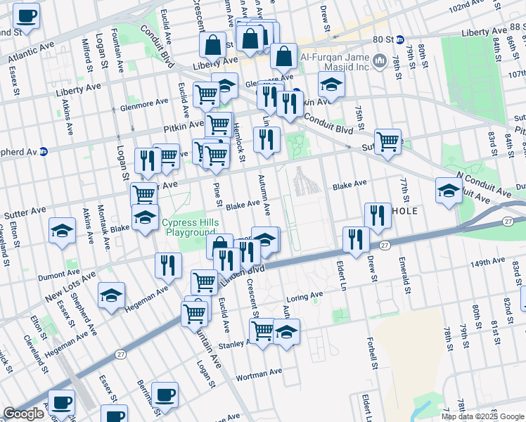 map of restaurants, bars, coffee shops, grocery stores, and more near 729 Hemlock Street in Brooklyn