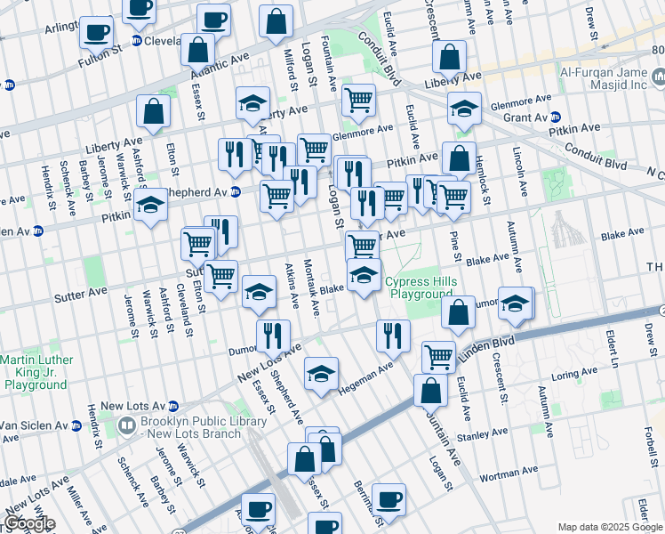 map of restaurants, bars, coffee shops, grocery stores, and more near 332 Milford Street in Brooklyn