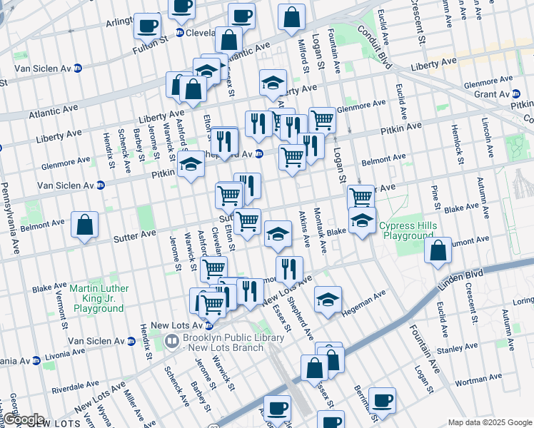 map of restaurants, bars, coffee shops, grocery stores, and more near 517 Essex Street in Brooklyn