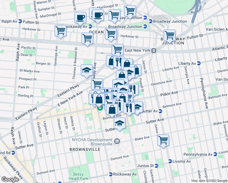 map of restaurants, bars, coffee shops, grocery stores, and more near 84 Watkins Street in Brooklyn