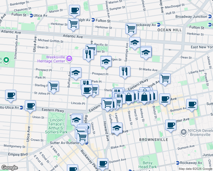 map of restaurants, bars, coffee shops, grocery stores, and more near 496 Howard Avenue in Brooklyn