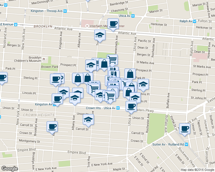 map of restaurants, bars, coffee shops, grocery stores, and more near 1311 Saint Johns Place in Brooklyn