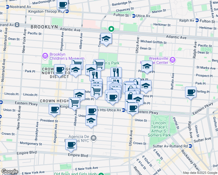 map of restaurants, bars, coffee shops, grocery stores, and more near 1311 Saint Johns Place in Brooklyn