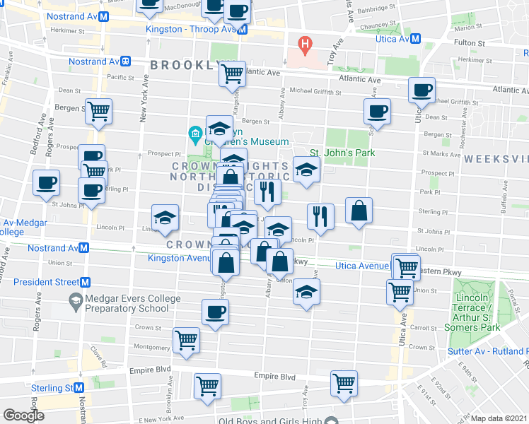 map of restaurants, bars, coffee shops, grocery stores, and more near 1167 Saint Johns Place in Brooklyn