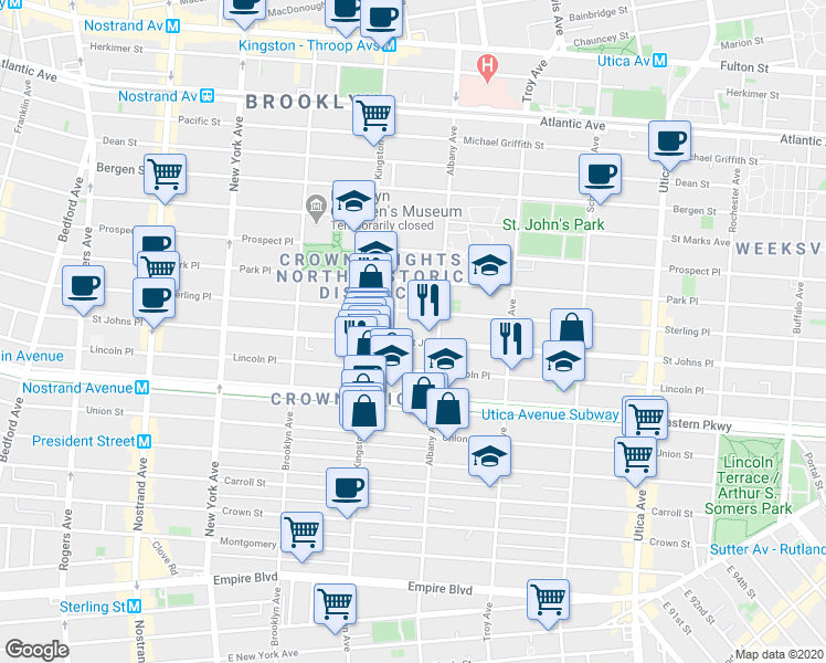 map of restaurants, bars, coffee shops, grocery stores, and more near 1167 Saint Johns Place in Brooklyn