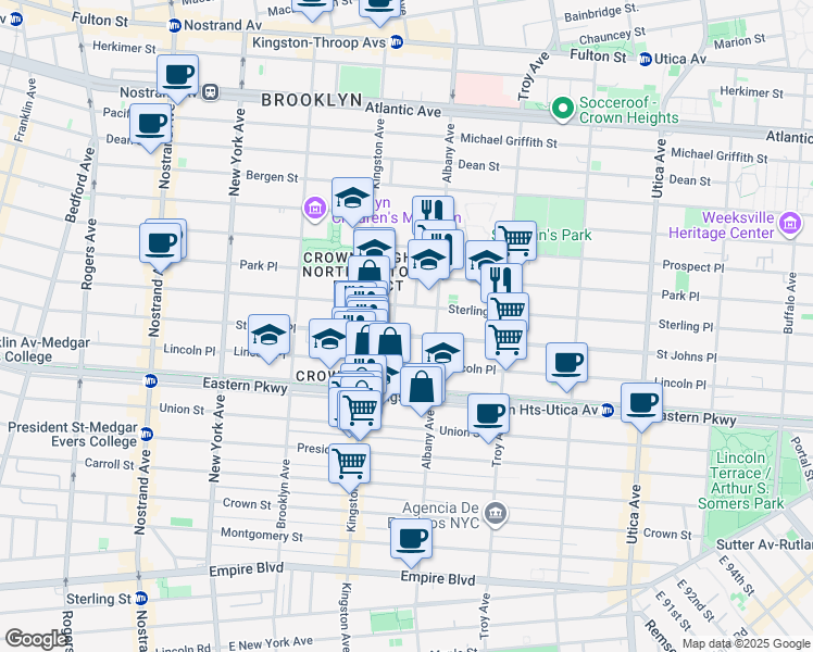 map of restaurants, bars, coffee shops, grocery stores, and more near 1120 Saint Johns Place in Brooklyn