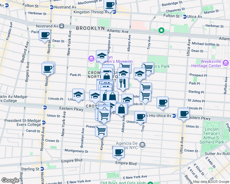 map of restaurants, bars, coffee shops, grocery stores, and more near 1120 Saint Johns Place in Brooklyn