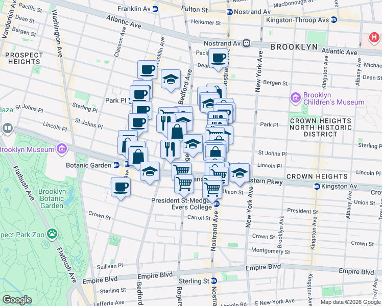 map of restaurants, bars, coffee shops, grocery stores, and more near 185 Rogers Avenue in Brooklyn