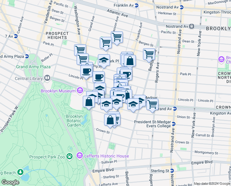 map of restaurants, bars, coffee shops, grocery stores, and more near 307 Eastern Parkway in Brooklyn