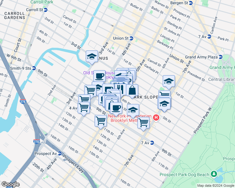 map of restaurants, bars, coffee shops, grocery stores, and more near 339 6th Street in Brooklyn