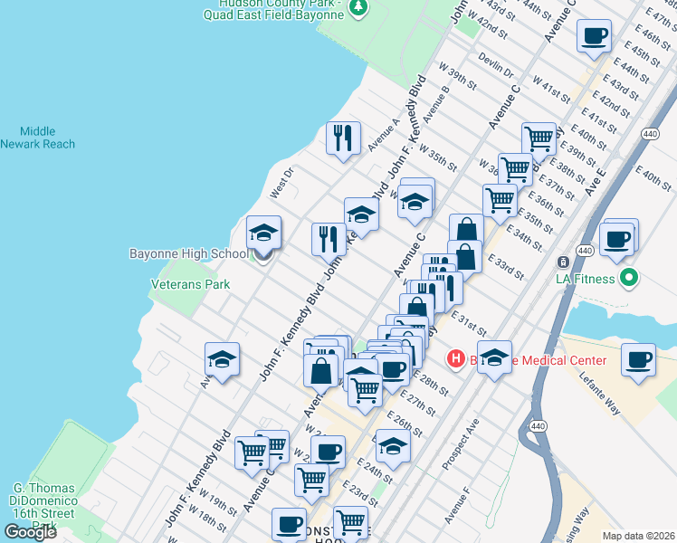 map of restaurants, bars, coffee shops, grocery stores, and more near 96 West 30th Street in Bayonne