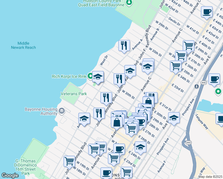 map of restaurants, bars, coffee shops, grocery stores, and more near 120 West 29th Street in Bayonne