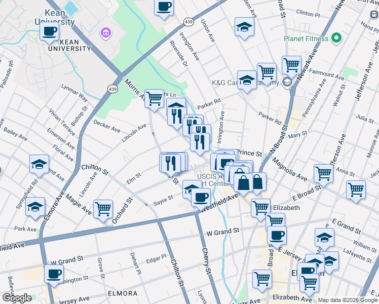 map of restaurants, bars, coffee shops, grocery stores, and more near 416 Morris Avenue in Elizabeth