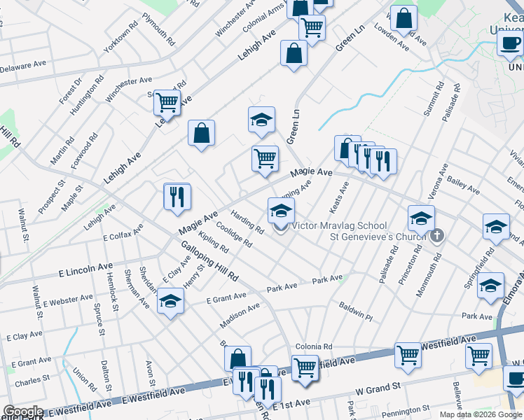 map of restaurants, bars, coffee shops, grocery stores, and more near 1050 Edgewood Road in Elizabeth