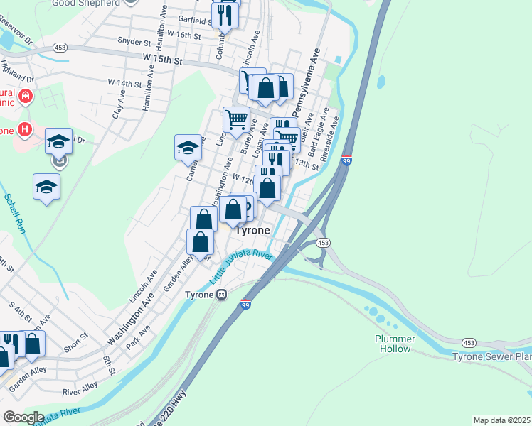 map of restaurants, bars, coffee shops, grocery stores, and more near in Tyrone