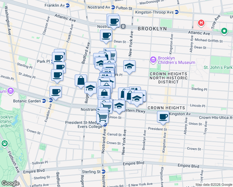 map of restaurants, bars, coffee shops, grocery stores, and more near 880 Saint Johns Place in Brooklyn