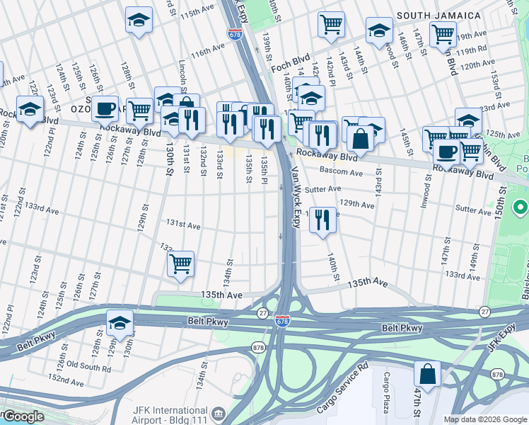 map of restaurants, bars, coffee shops, grocery stores, and more near 130-06 135th Place in Queens