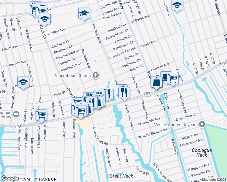 map of restaurants, bars, coffee shops, grocery stores, and more near Cedar Court in Copiague